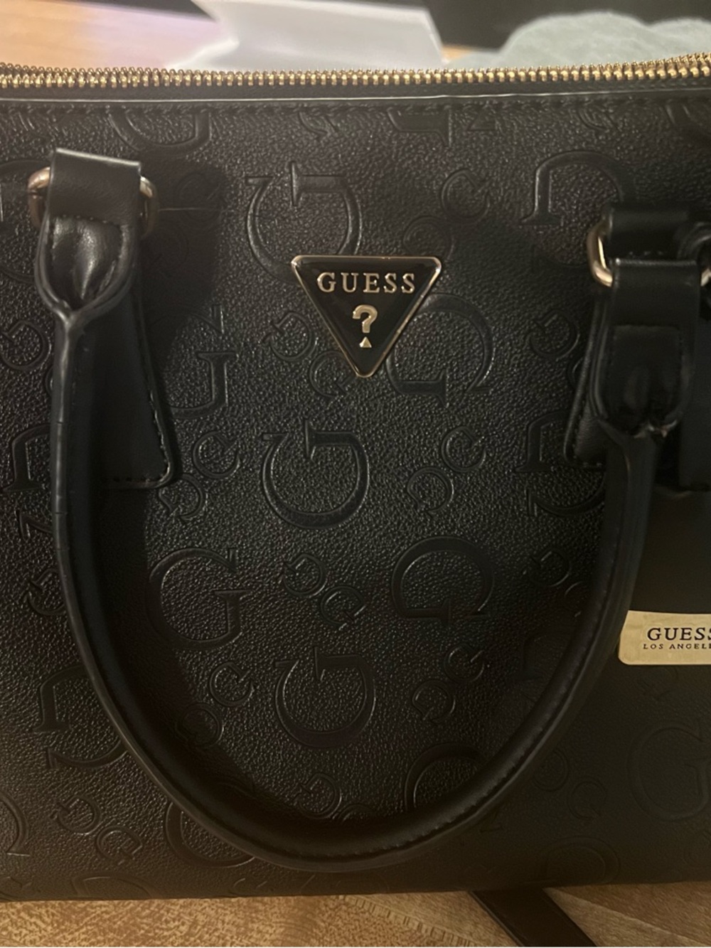 GUESS Black Embossed Logo Satchel with Gold Accents